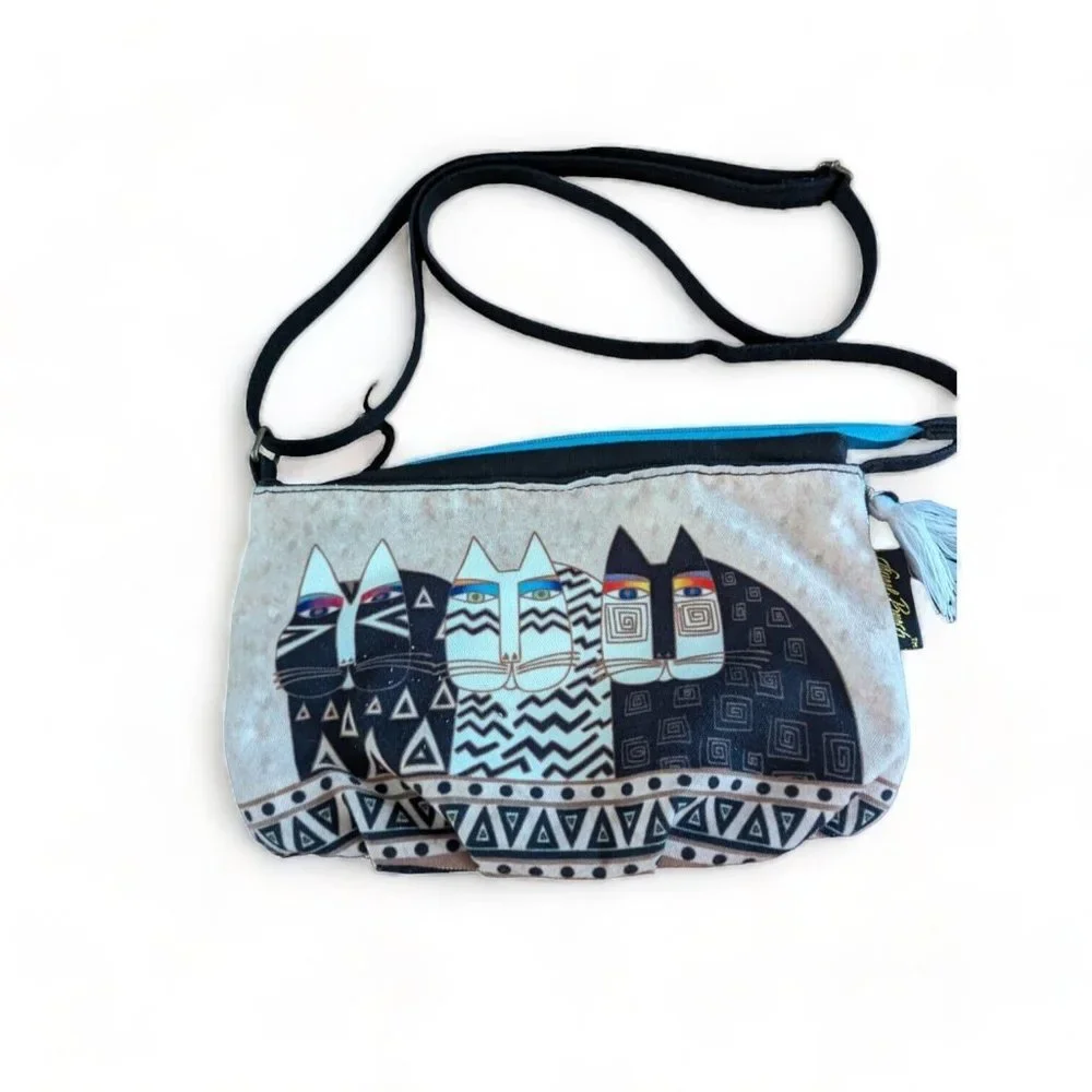 Wild Cats Laurel Burch Small Canvas Cross-Body Tote Bag Fun Crazy Cat Lady EUC